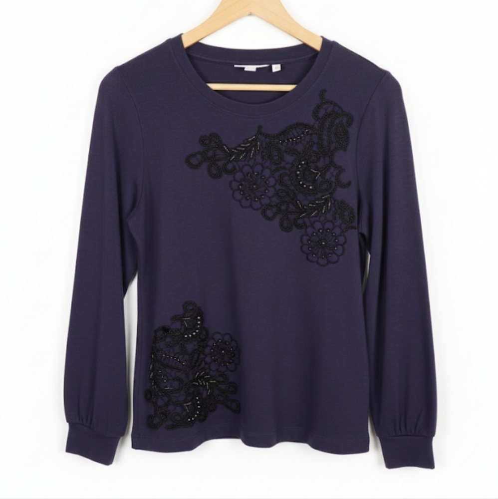 Chico's Purple Zenergy French Terry Beaded Appliqué Sweatshirt Whimsigoth Chic